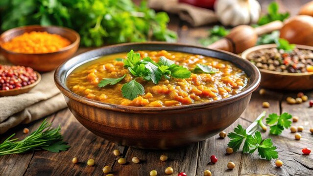 Delicious lentil dal served in a bowl with fresh herbs