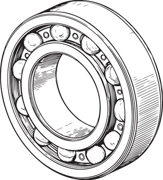 Ball bearing (Industrial Mechanics) Hand-drawn Sketch Drawing Vector Illustration, Line Linear Symbol Black and White Engraving, Isolated