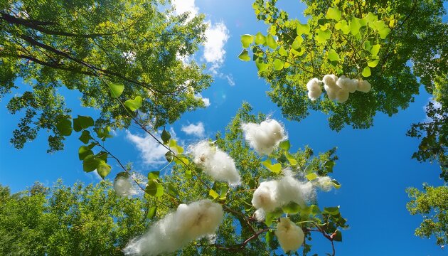 Cottonwood Fluff On Green Poplar Tree Branches Against A Clear Blue Summer Sky