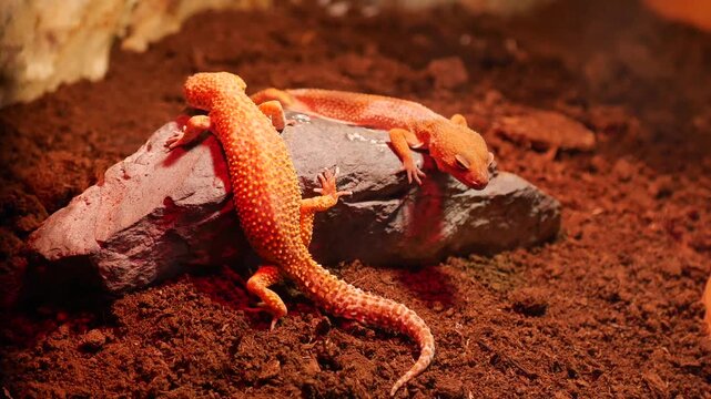 Two orange leopard geckos resting on rock in terrarium environment under red heat lamp light