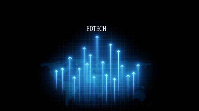 Ed tech growth concept: digital map with glowing rising arrows for educational technology and global e-learning market success
