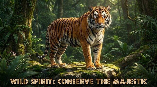 Majestic tiger standing on a mossy rock in the deep green jungle forest with soft light filtering through the trees