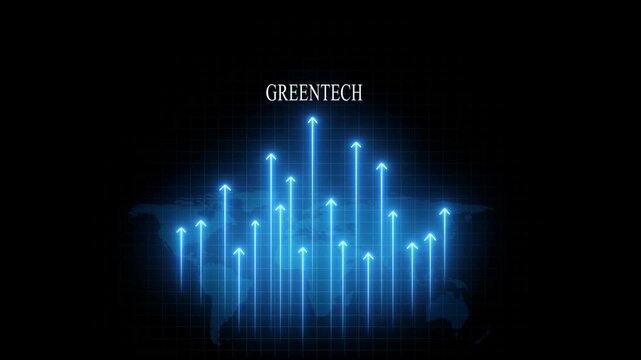 Greentech growth concept: animated blue glowing arrows rising over map digital background, sustainable technology