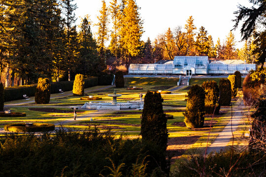 Gaiser Conservatory, a historic 19th century glasshouse in the botanical gardens in Manito Park, Spokane