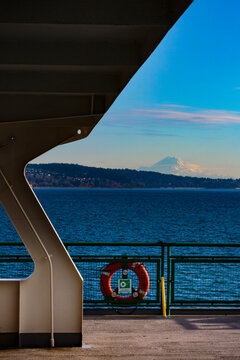 Mount Rainier seen from the deck of a Puget Sound Ferry, Seattle.