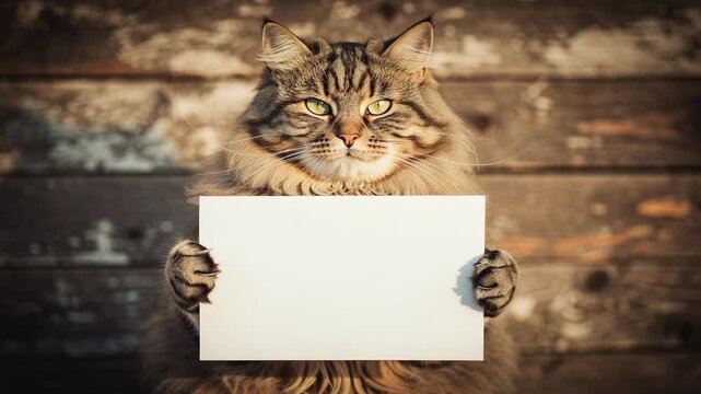 Fluffy tabby cat with blank sign on rustic wooden background exudes charm and warmth in every frame