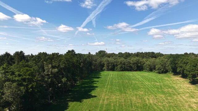Aerial View of Green Forest Meadow under Blue Sky near Bremen, Germany