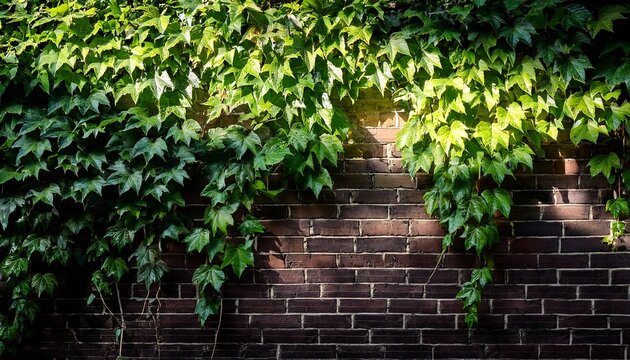 Green Ivy Cascading Over A Dark Brick Wall With Dappled Sunlight