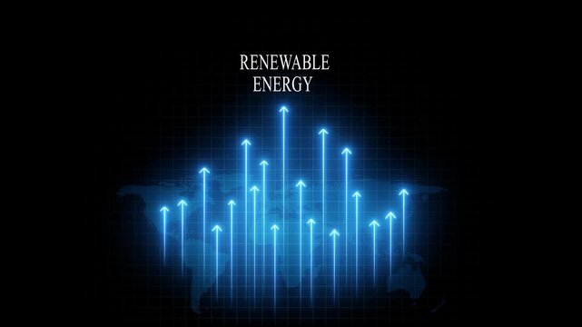 Renewable energy growth concept: digital map with glowing rising arrows infographic sustainability green energy