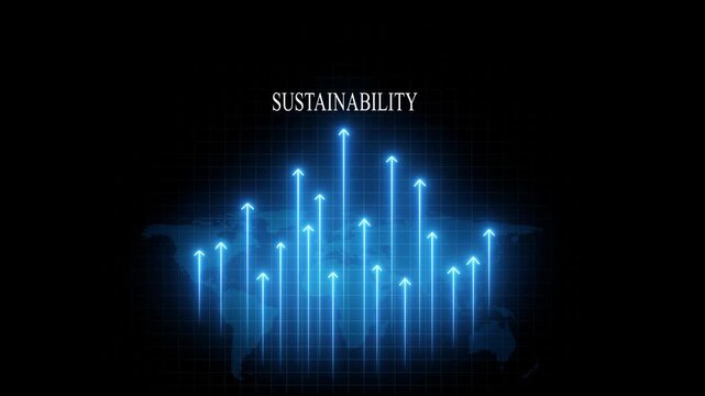 Sustainability growth concept with glowing upward arrows and global map digital data visualization green energy