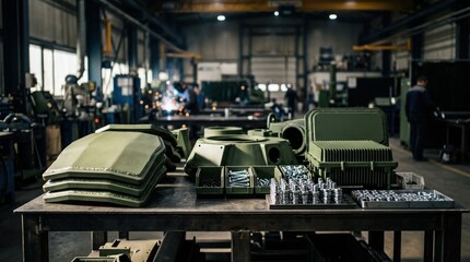 Naklejka premium Defense manufacturing with armored plates, turret parts, radar housings, and precision fasteners on a steel workbench inside a factory setting.