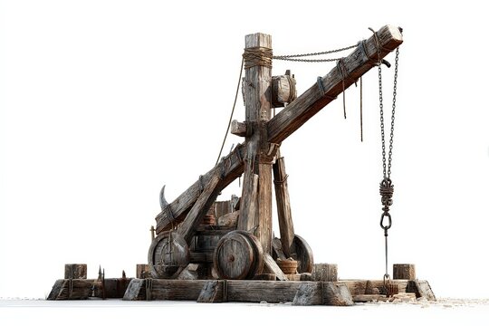 An ancient wooden catapult, a medieval siege engine, stands ready for action, its weathered timbers and robust construction evoking a sense of history and power.