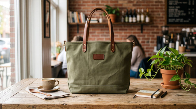 Green Canvas Tote Bag with Leather Handles on Cafe Table.