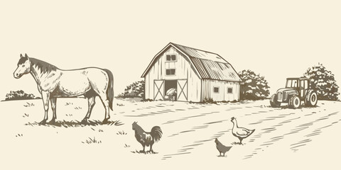 Rural farm illustration with horse barn and poultry in sketched style © Rupa