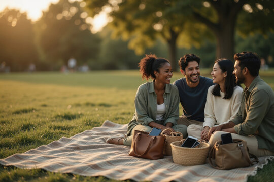 Relaxed picnic diverse friend group summer park outdoor gathering smiling people sunset light casual clothing sitting blanket weekend leisure social connection relaxed Digital Wellness concept