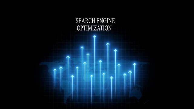 Search engine optimization seo concept with rising blue growth arrows and map background, digital marketing