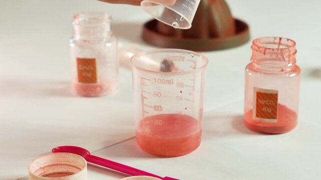 Child adds water to chemical reagents. Children's chemical experiment Volcano. Effervescent reaction of soda and citric acid and water. Children's toy, experiment, learning, orange, red.