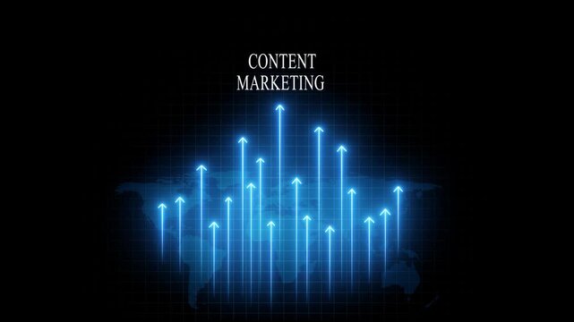 Marketing growth concept with glowing blue rising arrows and digital map background, digital strategy