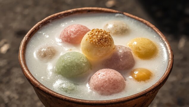 Classic Thai treat Bua Loy in rich coconut milk with vibrant tapioca pearls, a fragrant sweet dish.