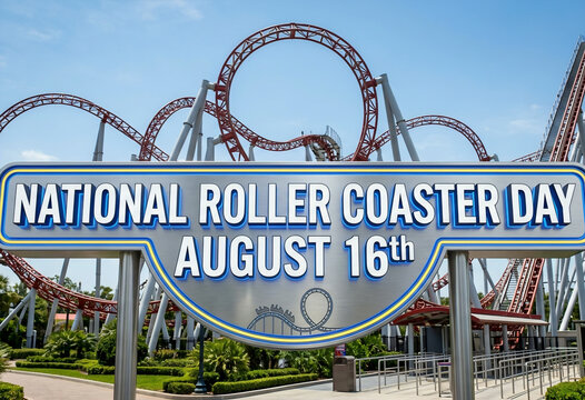 Large promotional sign in front of a looping amusement park ride for National Roller Coaster Day on August 16th