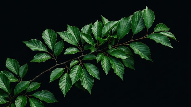 A single branch with lush green leaves isolated against a dark black background showing natural plant beauty and growth