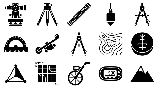 Topographic Surveying Cartography Tools Theodolite Tripod Compass Contour Map and Level Icons