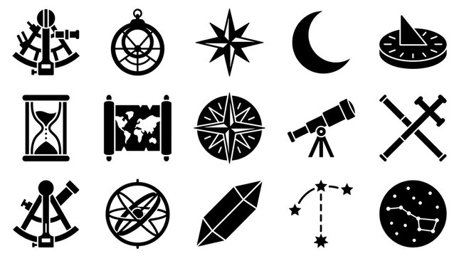 Ancient Astronomical Navigation Astrolabe Compass Rose Hourglass Telescope and Constellation Icons