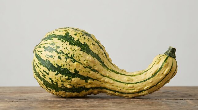 A single striped green and orange gourd vegetable placed on a rustic wooden table for autumn seasonal decoration