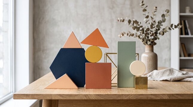 abstract geometric wooden shapes on a wooden table
