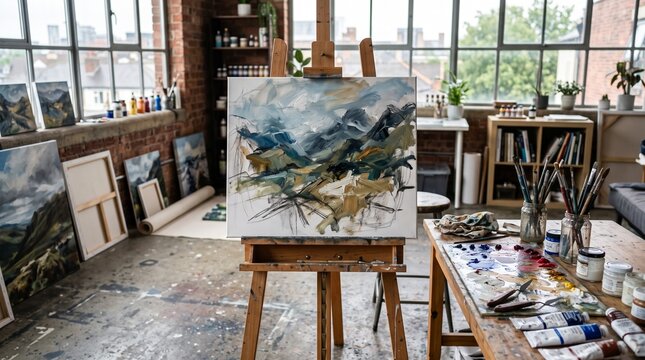 Abstract landscape painting on easel in artist studio