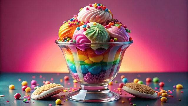 Colorful rainbow ice cream sundae in a clear cup with sprinkles and marshmallow toppings on a vibrant pink background