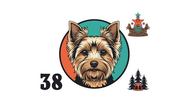 Yorkshire Terrier Portrait with Number 38 and Camping Icons