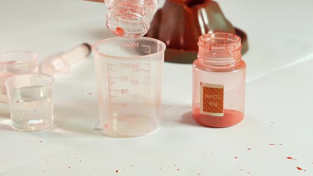 A child pours chemical reagents into measuring cups. Children's chemical experiment Volcano. Effervescent reaction of soda and citric acid and water. Children's toy, experiment, learning, orange, red.