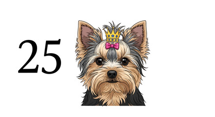 Naklejka premium Dog 25 Illustration with Yorkshire Terrier Wearing Crown and Pink Bow