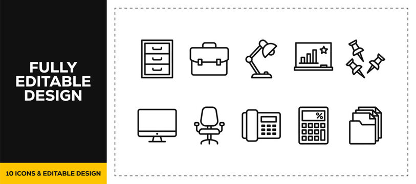 flat vector illustration line art icon bundle set design representing office workspace professional setup desk computers document files drawing boards chairs working gears UI