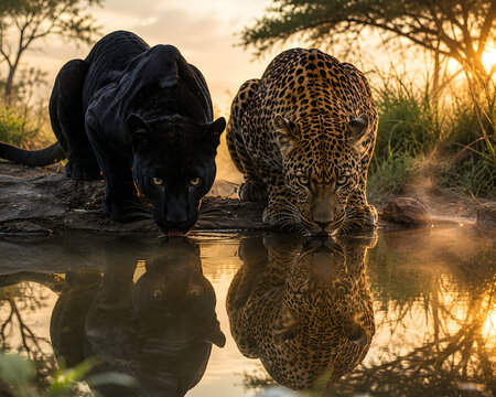 Panther and Leopard Drinking Water in Pond