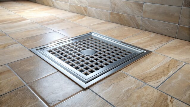 Square shower drain new and clean in tiled floor of modern enclosure in bathroom new restroom tile floor clean and dry in house