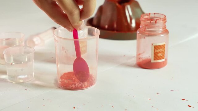 Child stirs chemical reagents. Children's chemical experiment Volcano. Effervescent reaction of soda and citric acid and water. Children's toy, experiment, learning, orange, red.