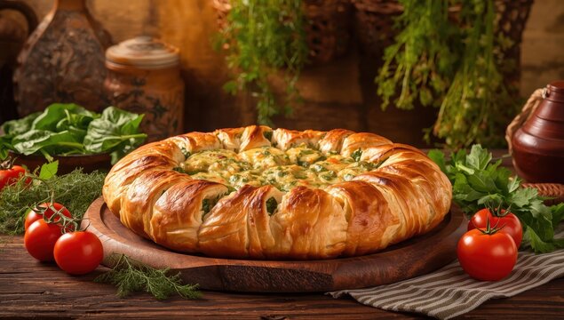 Turkish tray pastry, round borek (rulo borek - ispanakli borek)
