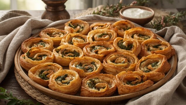 Turkish tray pastry, spiral borek with spinach.