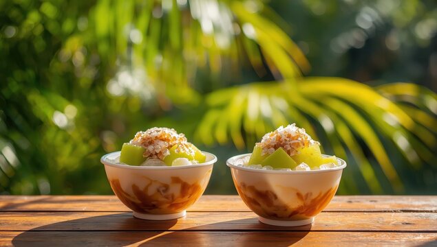 Two bowls of chilled cendol, a cool tropical Asian treat.