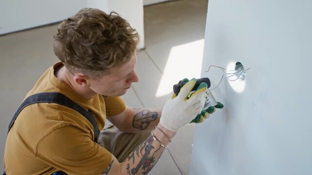 Young adult Caucasian male electrician installing light switch on wall during home renovation. Clip is suitable for construction, home improvement, and professional handyman services ads