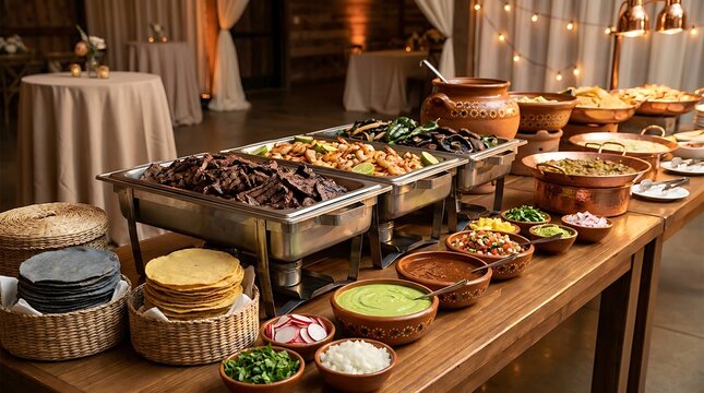 Delicious indian food buffet spread with various curries and side dishes served in metal chafing dishes on a long wooden table at a festive wedding party event. taco bar setup