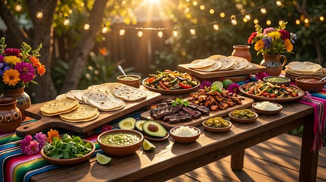 Delicious mexican food feast with tacos tortillas avocado and beans on a rustic table outdoors in a garden at sunset with warm string lights glowing in the background for a festive dinner party event.