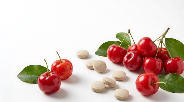 Fresh ripe acerola cherries with green leaves arranged on a surface for healthy food photography. organic acerola tablets
 