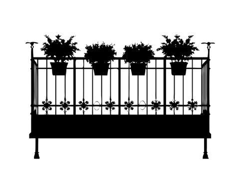 Balcony Railing Garden with Potted Plants and Hanging Boxes Black Silhouette Vector Icon Isolated on White Background