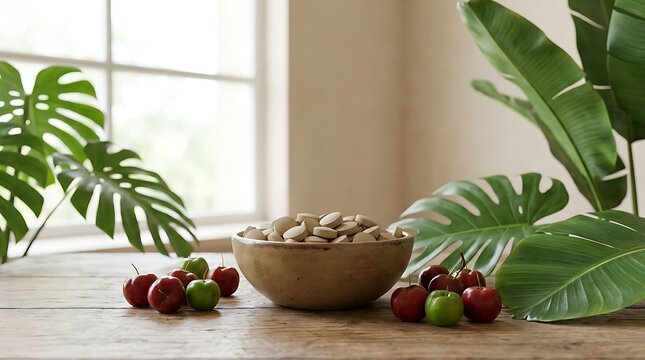 Fresh red and green cherries in a rustic ceramic bowl on a wooden table with green tropical leaves in a bright room with natural window light for a healthy organic food and nutrition concept photo. or