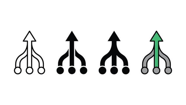 Set of four merge arrow icons representing multiple inputs connecting into one single direction