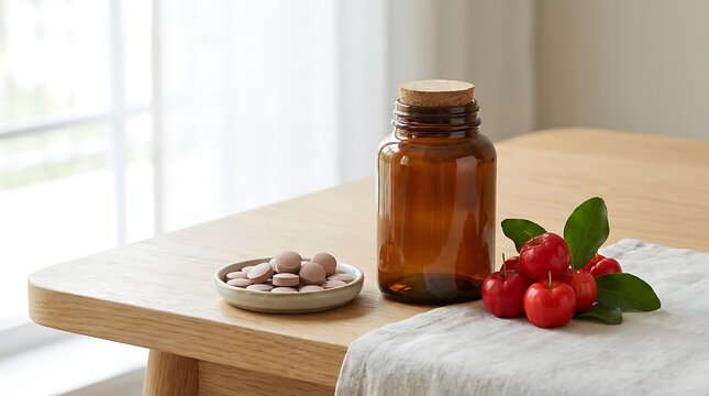 Brown glass bottle with vitamin pills and fresh acerola cherries on a wooden table in a bright room. organic acerola tablets