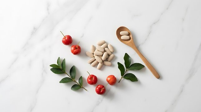 Natural acerola cherry fruit with supplement pills and green leaves on a stone surface for healthy nutrition and wellness concept. organic acerola tablets